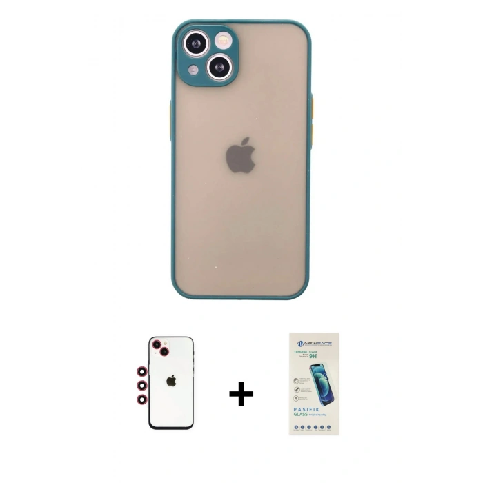 MARSİLYAN™- iPhone 14 Kılıf Ahenk Çizgi Serisi - Şeffaf Pasifik Cam Ekran Koruyucu + Shine Kamera Lens - KI