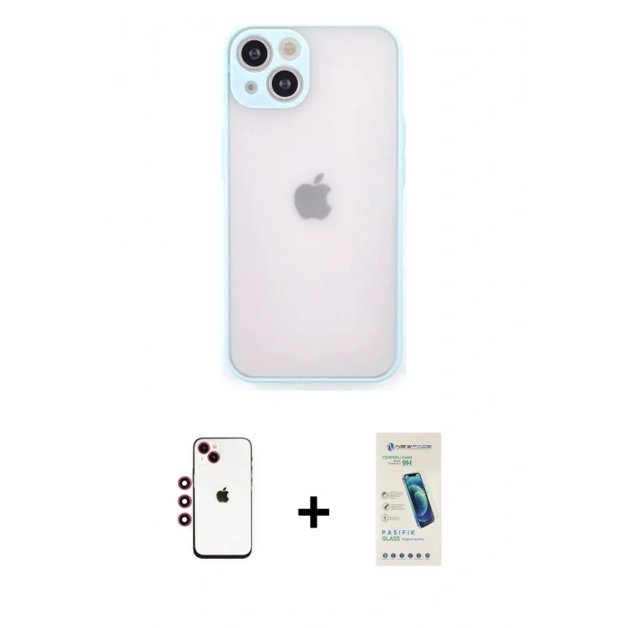MARSİLYAN™- iPhone 14 Kılıf Ahenk Çizgi Serisi - Şeffaf Pasifik Cam Ekran Koruyucu + Shine Kamera Lens - KI