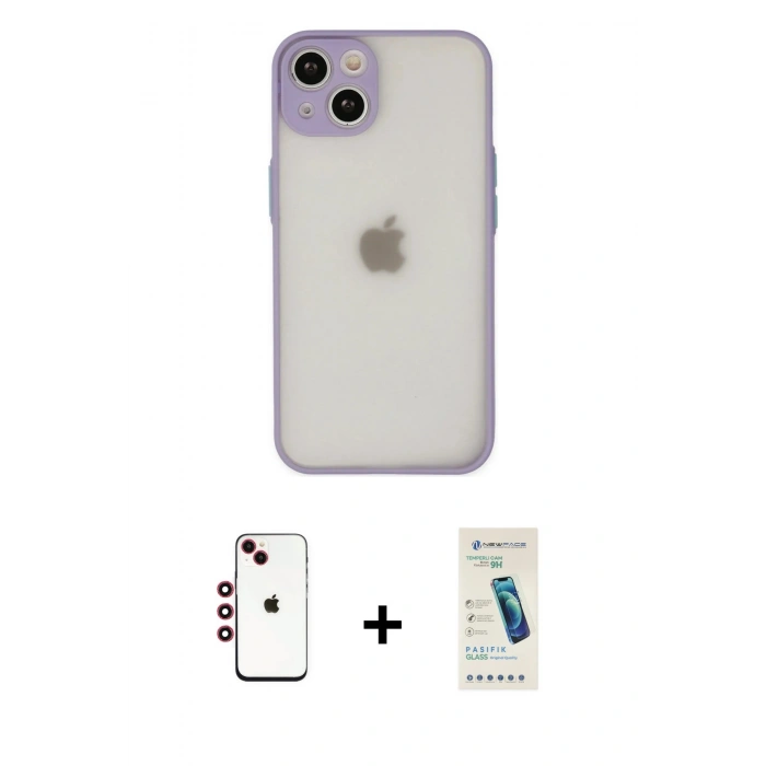 MARSİLYAN™- iPhone 14 Kılıf Ahenk Çizgi Serisi - Şeffaf Pasifik Cam Ekran Koruyucu + Shine Kamera Lens - KI