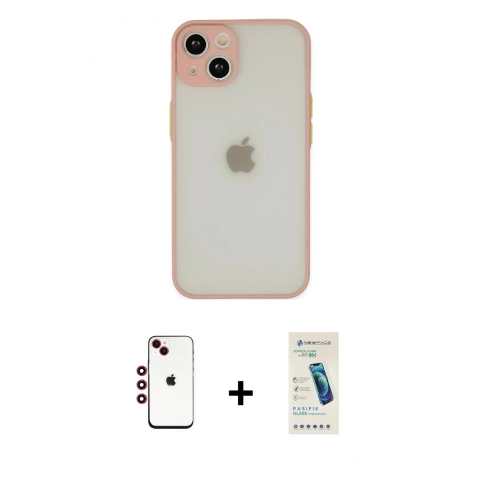 MARSİLYAN™- iPhone 14 Kılıf Ahenk Çizgi Serisi - Şeffaf Pasifik Cam Ekran Koruyucu + Shine Kamera Lens - KI