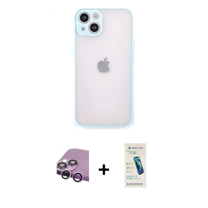 MARSİLYAN™- iPhone 14 Kılıf Ahenk Çizgi Serisi - Şeffaf Pasifik Cam Ekran Koruyucu + Raze Metal Kamera Lens - MR