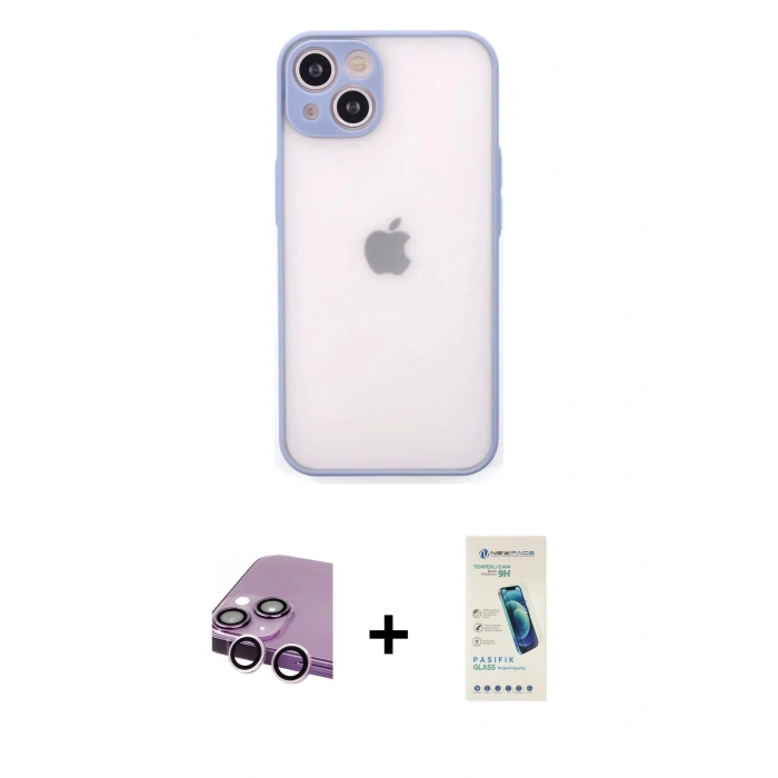 MARSİLYAN™- iPhone 14 Kılıf Ahenk Çizgi Serisi - Şeffaf Pasifik Cam Ekran Koruyucu + Raze Metal Kamera Lens - MR