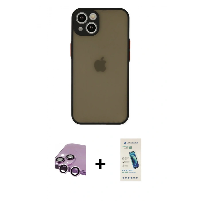MARSİLYAN™- iPhone 14 Kılıf Ahenk Çizgi Serisi - Şeffaf Pasifik Cam Ekran Koruyucu + Raze Metal Kamera Lens - MR