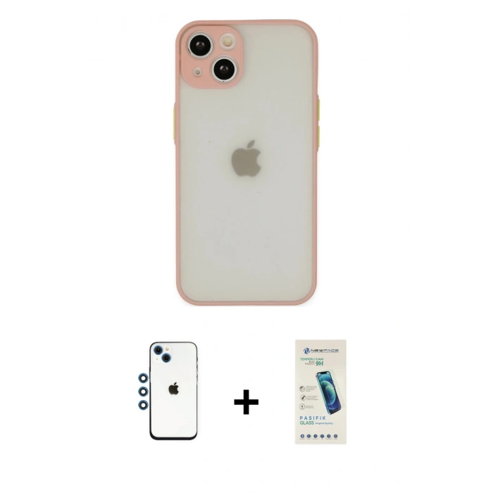 MARSİLYAN™- iPhone 14 Kılıf Ahenk Çizgi Serisi - Şeffaf Pasifik Cam Ekran Koruyucu + Shine Kamera Lens - MI