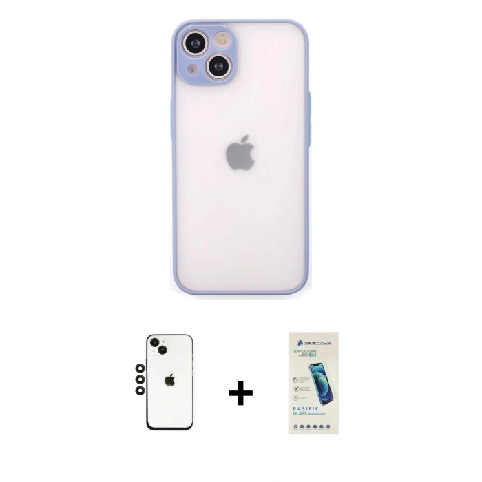 MARSİLYAN™- iPhone 14 Kılıf Ahenk Çizgi Serisi - Şeffaf Pasifik Cam Ekran Koruyucu + Shine Kamera Lens - SH