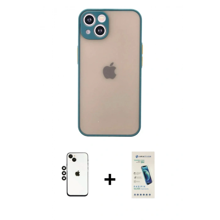 MARSİLYAN™- iPhone 14 Kılıf Ahenk Çizgi Serisi - Şeffaf Pasifik Cam Ekran Koruyucu + Shine Kamera Lens - SH