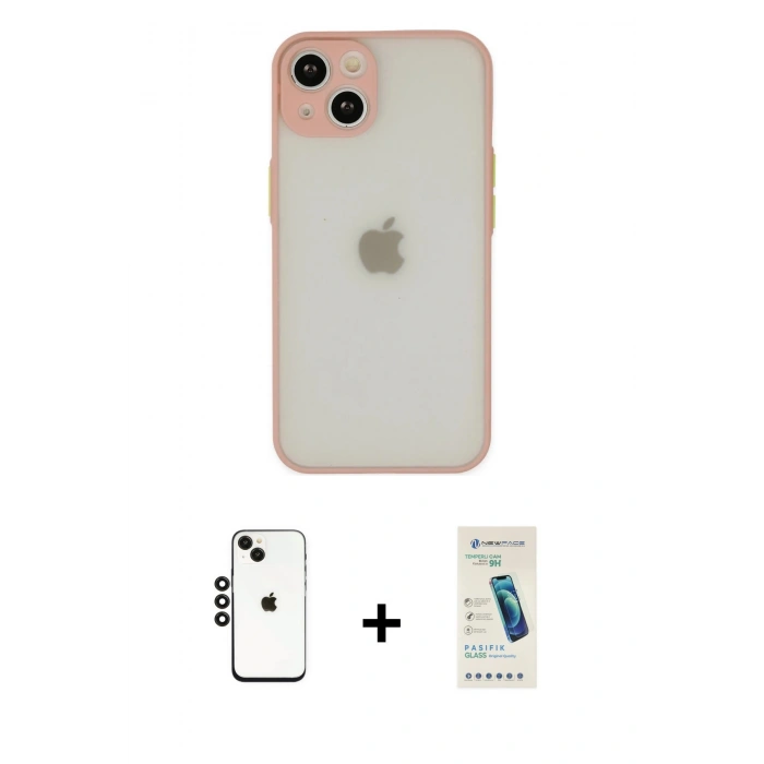 MARSİLYAN™- iPhone 14 Kılıf Ahenk Çizgi Serisi - Şeffaf Pasifik Cam Ekran Koruyucu + Shine Kamera Lens - SH