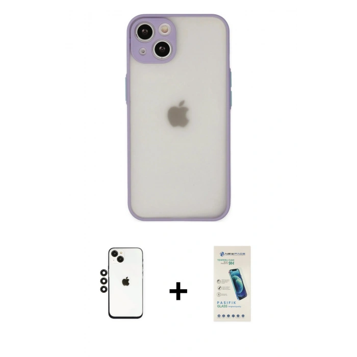 MARSİLYAN™- iPhone 14 Kılıf Ahenk Çizgi Serisi - Şeffaf Pasifik Cam Ekran Koruyucu + Shine Kamera Lens - SH