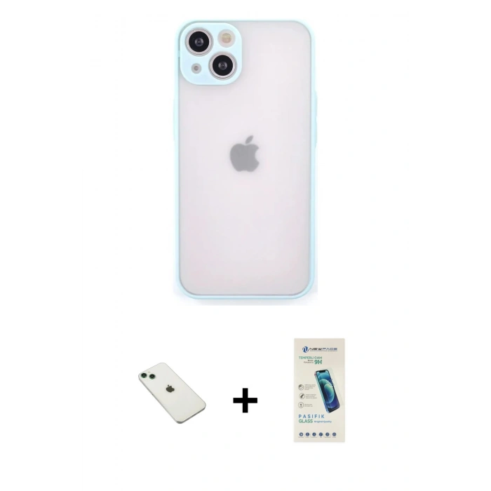 MARSİLYAN™- iPhone 14 Kılıf Ahenk Çizgi Serisi - Şeffaf Pasifik Cam Ekran Koruyucu + Yeşil Diamond Kamera Lens