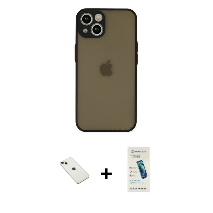 MARSİLYAN™- iPhone 14 Kılıf Ahenk Çizgi Serisi - Şeffaf Pasifik Cam Ekran Koruyucu + Yeşil Diamond Kamera Lens
