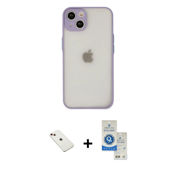 MARSİLYAN™- iPhone 14 Kılıf Ahenk Çizgi Serisi - Şeffaf Royal Nano Ekran Koruyucu + Diamond Kamera Lens - KI