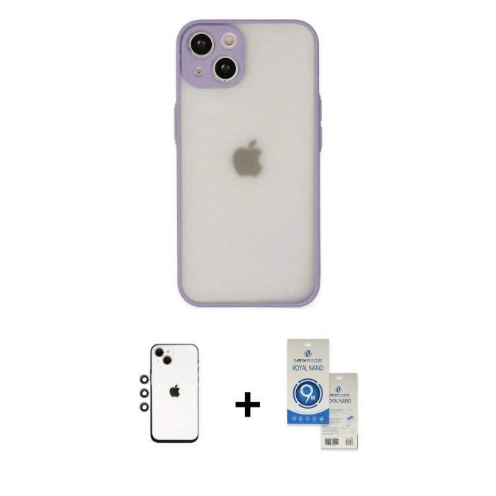 MARSİLYAN™- iPhone 14 Kılıf Ahenk Çizgi Serisi - Şeffaf Royal Nano Ekran Koruyucu + Shine Kamera Lens - GI