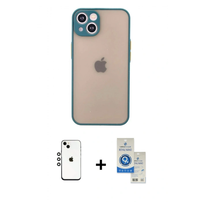 MARSİLYAN™- iPhone 14 Kılıf Ahenk Çizgi Serisi - Şeffaf Royal Nano Ekran Koruyucu + Shine Kamera Lens - GS