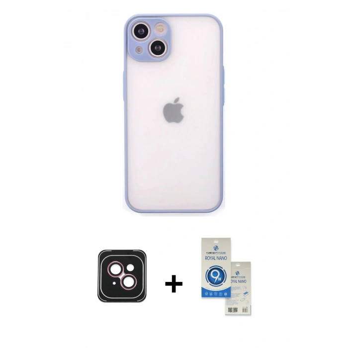 MARSİLYAN™- iPhone 14 Kılıf Ahenk Çizgi Serisi - Şeffaf Royal Nano Ekran Koruyucu + PVD Metal Kamera Lens - PE