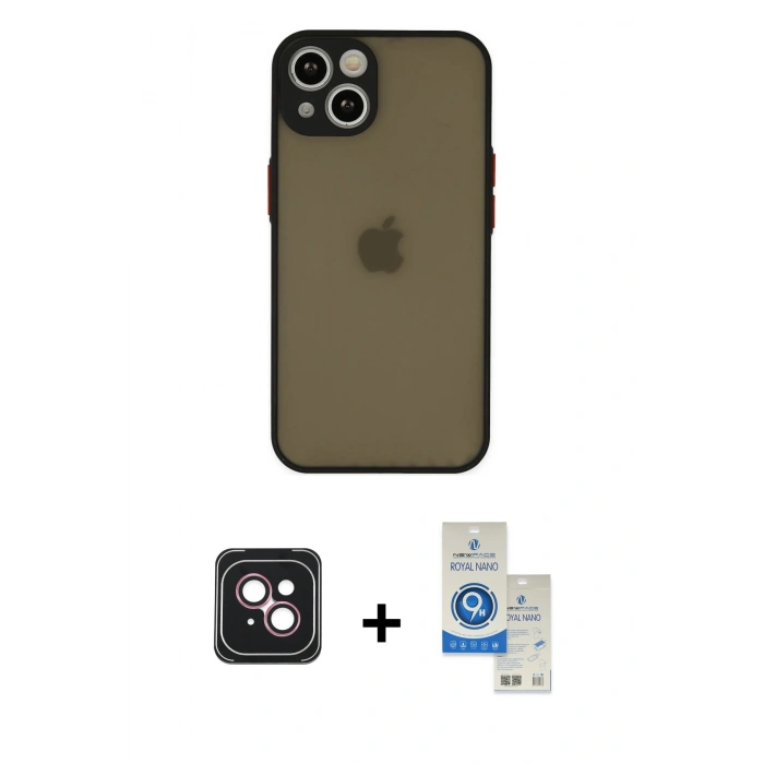 MARSİLYAN™- iPhone 14 Kılıf Ahenk Çizgi Serisi - Şeffaf Royal Nano Ekran Koruyucu + PVD Metal Kamera Lens - PE