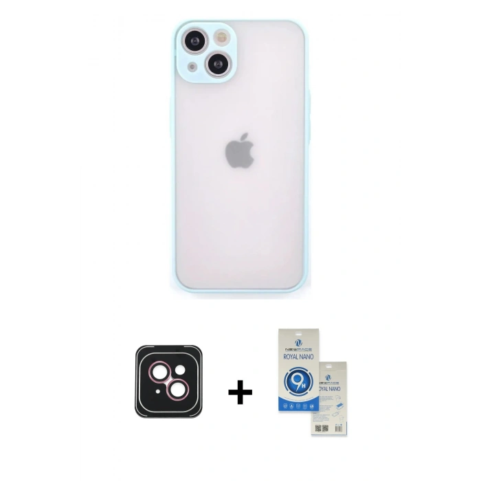 MARSİLYAN™- iPhone 14 Kılıf Ahenk Çizgi Serisi - Şeffaf Royal Nano Ekran Koruyucu + PVD Metal Kamera Lens - PE