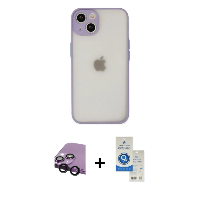 MARSİLYAN™- iPhone 14 Kılıf Ahenk Çizgi Serisi - Şeffaf Royal Nano Ekran Koruyucu + Raze Metal Kamera Lens - SH