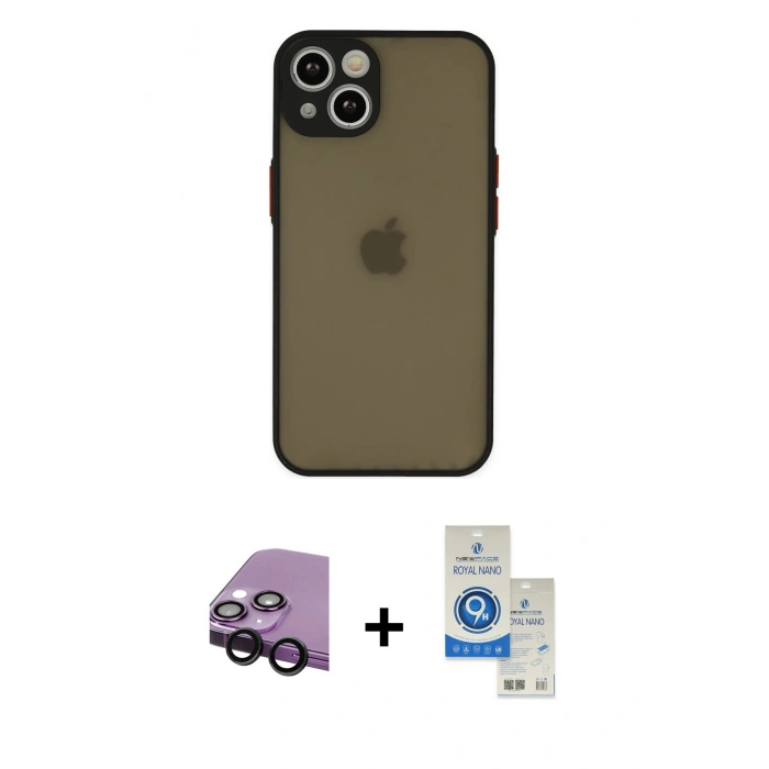 MARSİLYAN™- iPhone 14 Kılıf Ahenk Çizgi Serisi - Şeffaf Royal Nano Ekran Koruyucu + Raze Metal Kamera Lens - SH