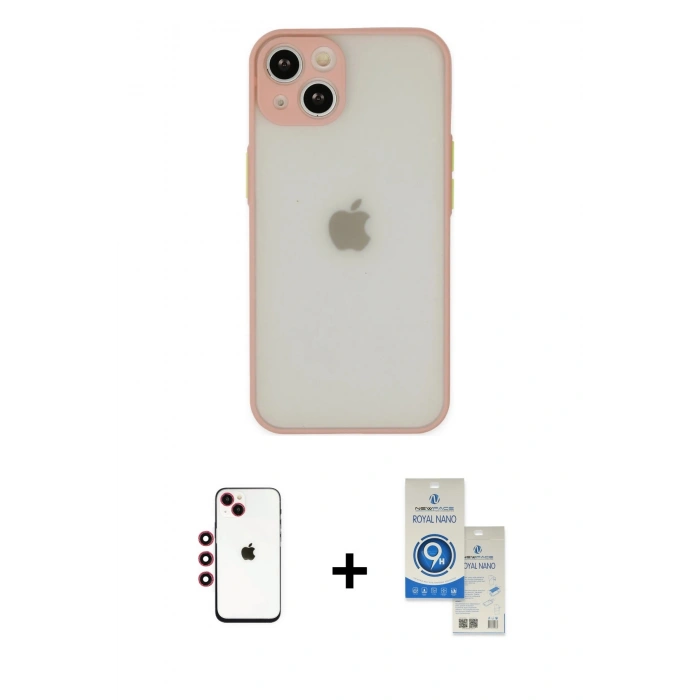 MARSİLYAN™- iPhone 14 Kılıf Ahenk Çizgi Serisi - Şeffaf Royal Nano Ekran Koruyucu + Shine Kamera Lens - KI