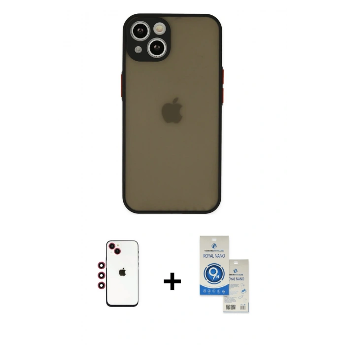MARSİLYAN™- iPhone 14 Kılıf Ahenk Çizgi Serisi - Şeffaf Royal Nano Ekran Koruyucu + Shine Kamera Lens - KI