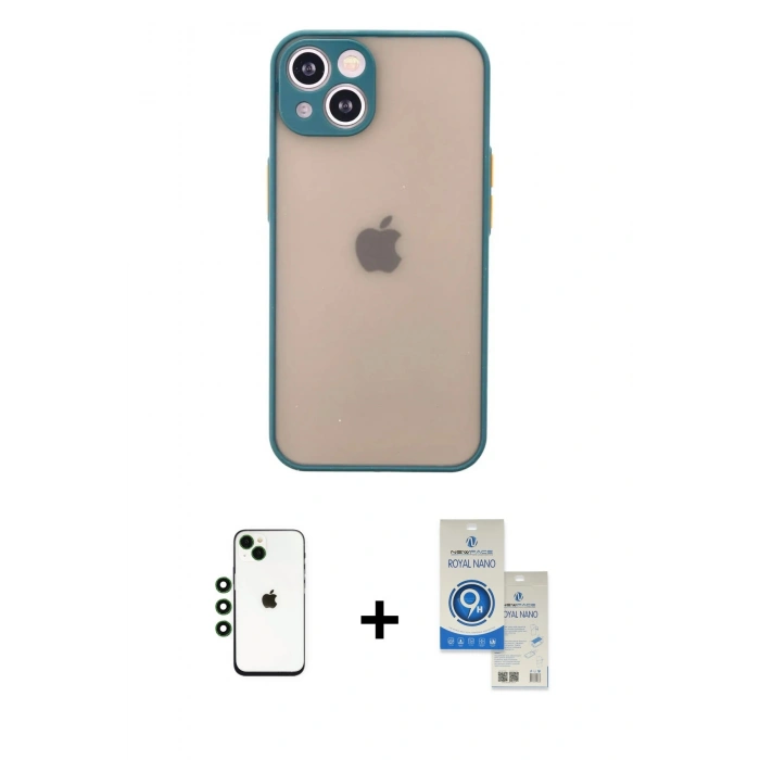 MARSİLYAN™- iPhone 14 Kılıf Ahenk Çizgi Serisi - Şeffaf Royal Nano Ekran Koruyucu + Shine Kamera Lens - YL