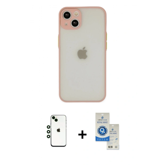 MARSİLYAN™- iPhone 14 Kılıf Ahenk Çizgi Serisi - Şeffaf Royal Nano Ekran Koruyucu + Shine Kamera Lens - YL