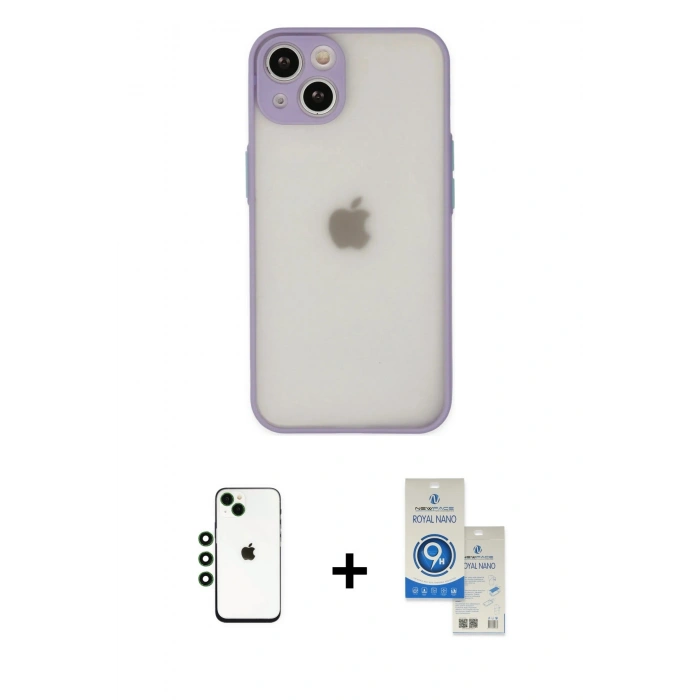 MARSİLYAN™- iPhone 14 Kılıf Ahenk Çizgi Serisi - Şeffaf Royal Nano Ekran Koruyucu + Shine Kamera Lens - YL