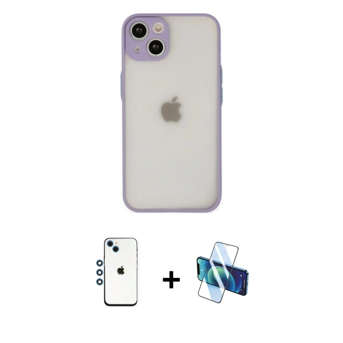 MARSİLYAN™- iPhone 14 Kılıf Ahenk Çizgi Serisi - Siyah 3D Antistatik Cam Ekran Koruyucu + Shine Kamera Lens - MI