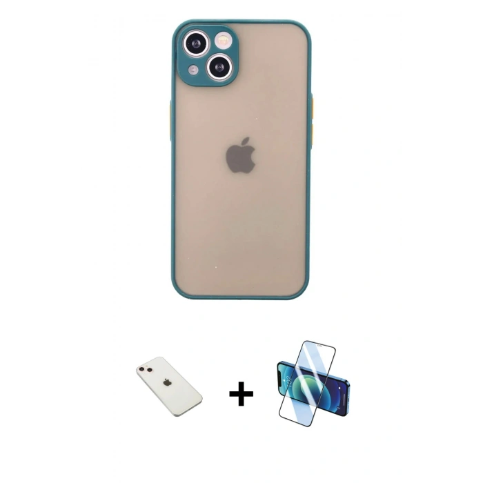 MARSİLYAN™- iPhone 14 Kılıf Ahenk Çizgi Serisi - Siyah 3D Antistatik Cam Ekran Koruyucu + Diamond Kamera Lens - PE