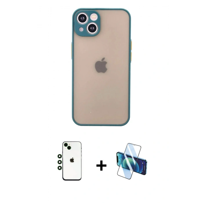 MARSİLYAN™- iPhone 14 Kılıf Ahenk Çizgi Serisi - Siyah 3D Antistatik Cam Ekran Koruyucu + Shine Kamera Lens - YL