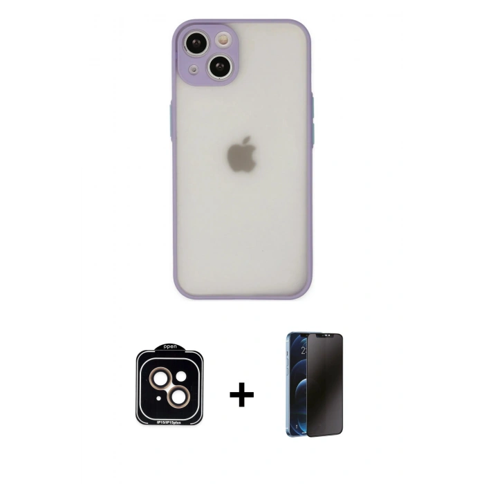 MARSİLYAN™- iPhone 14 Kılıf Ahenk Çizgi Serisi - Siyah 3D Antistatik Hayalet Cam Ekran Koruyucu + PVD Metal Kamera Lens - TU