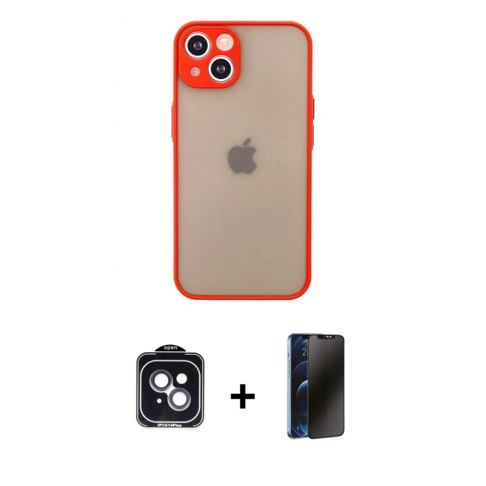 MARSİLYAN™- iPhone 14 Kılıf Ahenk Çizgi Serisi - Siyah 3D Antistatik Hayalet Cam Ekran Koruyucu + PVD Metal Kamera Lens - SH
