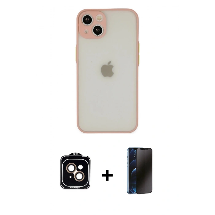 MARSİLYAN™- iPhone 14 Kılıf Ahenk Çizgi Serisi - Siyah 3D Antistatik Hayalet Cam Ekran Koruyucu + PVD Metal Kamera Lens - TU