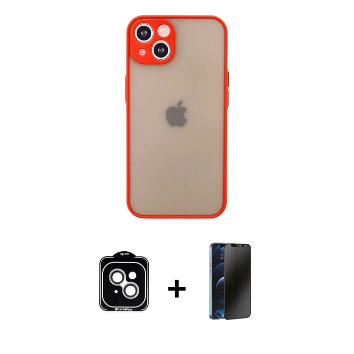 MARSİLYAN™- iPhone 14 Kılıf Ahenk Çizgi Serisi - Siyah 3D Antistatik Hayalet Cam Ekran Koruyucu + PVD Metal Kamera Lens - GS