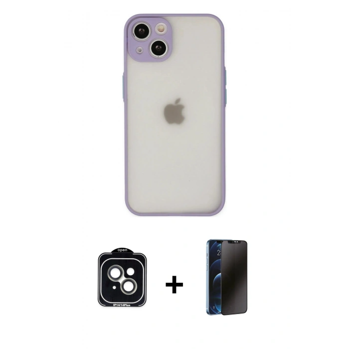 MARSİLYAN™- iPhone 14 Kılıf Ahenk Çizgi Serisi - Siyah 3D Antistatik Hayalet Cam Ekran Koruyucu + PVD Metal Kamera Lens - YL