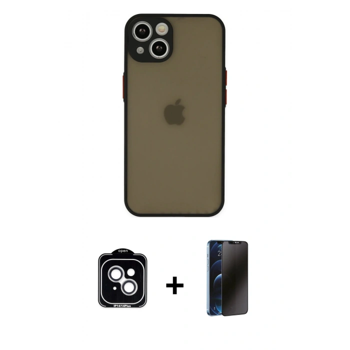 MARSİLYAN™- iPhone 14 Kılıf Ahenk Çizgi Serisi - Siyah 3D Antistatik Hayalet Cam Ekran Koruyucu + PVD Metal Kamera Lens - GS