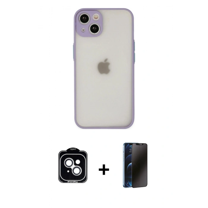 MARSİLYAN™- iPhone 14 Kılıf Ahenk Çizgi Serisi - Siyah 3D Antistatik Hayalet Cam Ekran Koruyucu + PVD Metal Kamera Lens - GS