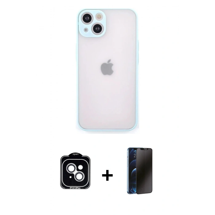 MARSİLYAN™- iPhone 14 Kılıf Ahenk Çizgi Serisi - Siyah 3D Antistatik Hayalet Cam Ekran Koruyucu + PVD Metal Kamera Lens - GS
