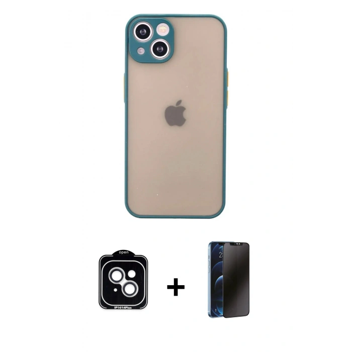 MARSİLYAN™- iPhone 14 Kılıf Ahenk Çizgi Serisi - Siyah 3D Antistatik Hayalet Cam Ekran Koruyucu + PVD Metal Kamera Lens - GS