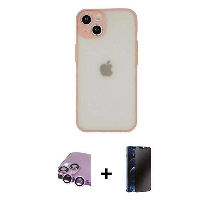 MARSİLYAN™- iPhone 14 Kılıf Ahenk Çizgi Serisi - Siyah 3D Antistatik Hayalet Cam Ekran Koruyucu + Raze Metal Kamera Lens - MR