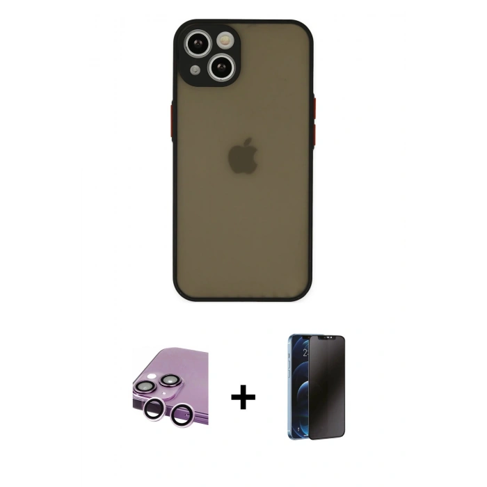MARSİLYAN™- iPhone 14 Kılıf Ahenk Çizgi Serisi - Siyah 3D Antistatik Hayalet Cam Ekran Koruyucu + Raze Metal Kamera Lens - MR