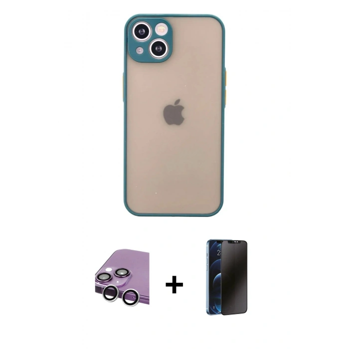 MARSİLYAN™- iPhone 14 Kılıf Ahenk Çizgi Serisi - Siyah 3D Antistatik Hayalet Cam Ekran Koruyucu + Raze Metal Kamera Lens - GS
