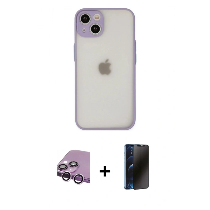 MARSİLYAN™- iPhone 14 Kılıf Ahenk Çizgi Serisi - Siyah 3D Antistatik Hayalet Cam Ekran Koruyucu + Raze Metal Kamera Lens - MR