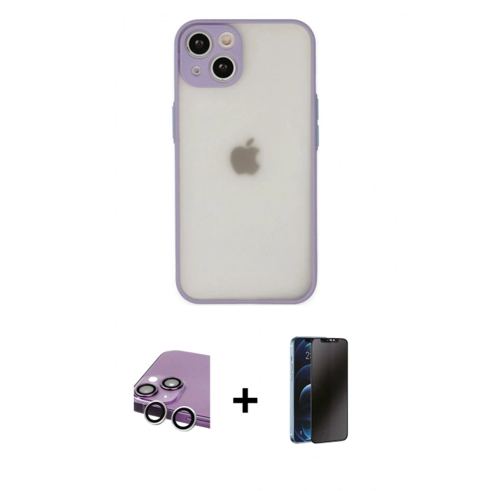 MARSİLYAN™- iPhone 14 Kılıf Ahenk Çizgi Serisi - Siyah 3D Antistatik Hayalet Cam Ekran Koruyucu + Raze Metal Kamera Lens - GS