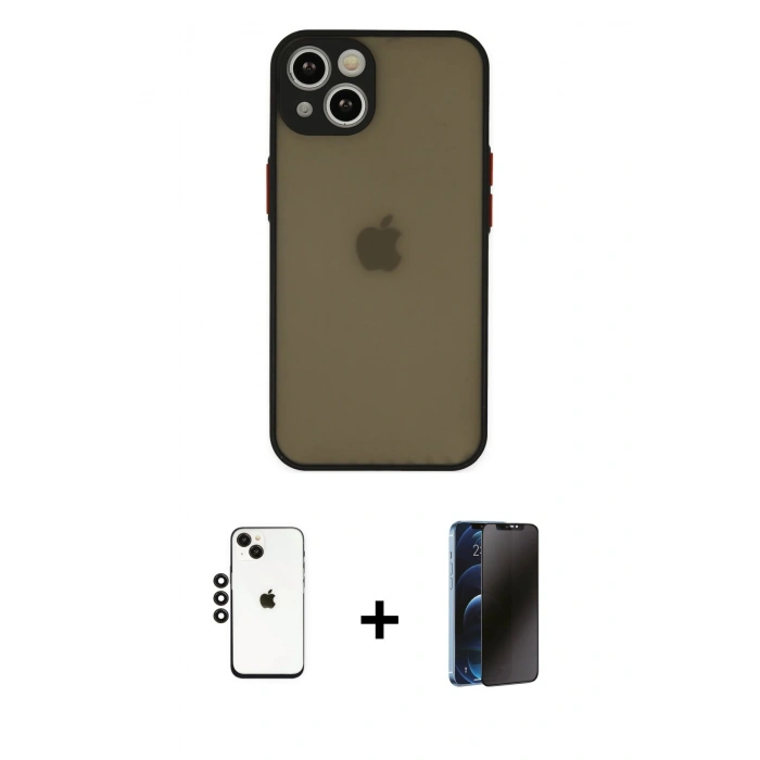 MARSİLYAN™- iPhone 14 Kılıf Ahenk Çizgi Serisi - Siyah 3D Antistatik Hayalet Cam Ekran Koruyucu + Shine Kamera Lens - SH