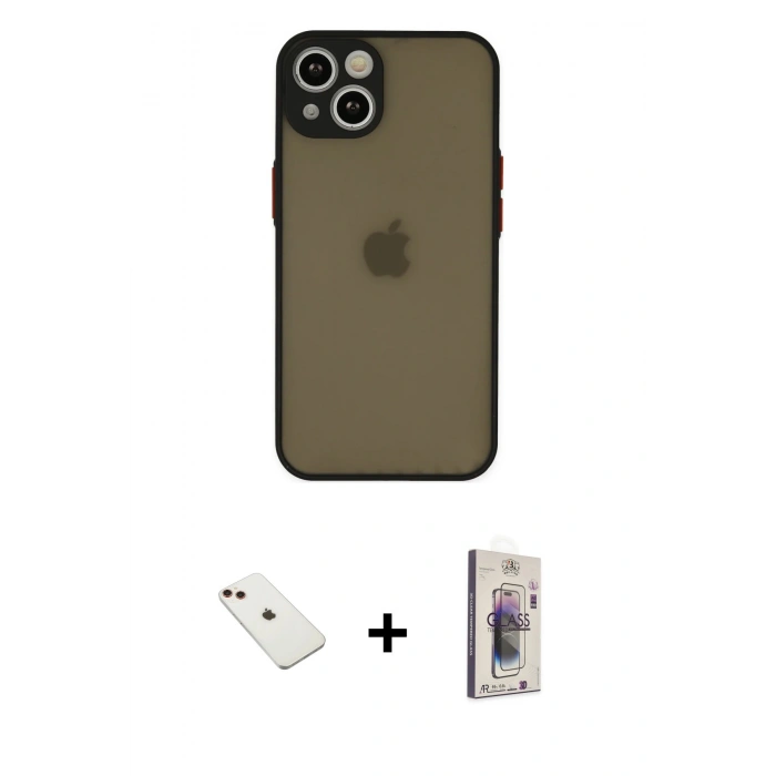MARSİLYAN™- iPhone 14 Kılıf Ahenk Çizgi Serisi - Siyah Bilvis 3D Cam Ekran Koruyucu + Diamond Kamera Lens - KI