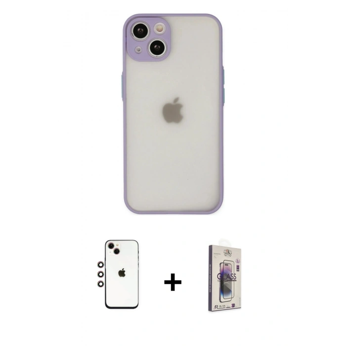 MARSİLYAN™- iPhone 14 Kılıf Ahenk Çizgi Serisi - Siyah Bilvis 3D Cam Ekran Koruyucu + Shine Kamera Lens - GI