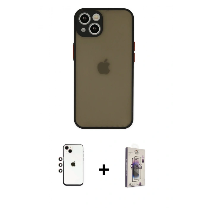 MARSİLYAN™- iPhone 14 Kılıf Ahenk Çizgi Serisi - Siyah Bilvis 3D Cam Ekran Koruyucu + Shine Kamera Lens - GI