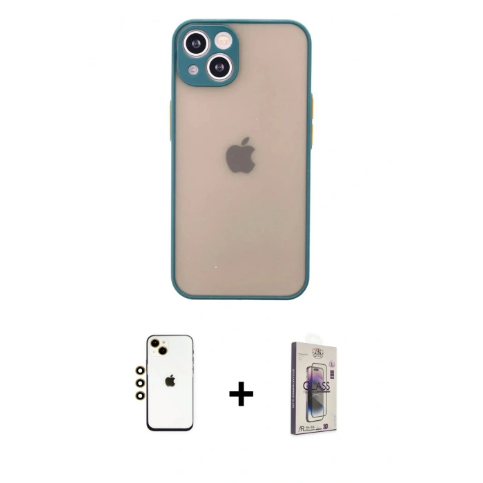 MARSİLYAN™- iPhone 14 Kılıf Ahenk Çizgi Serisi - Siyah Bilvis 3D Cam Ekran Koruyucu + Gold Shine Kamera Lens