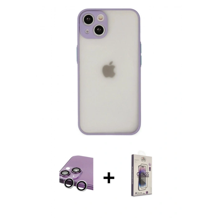 MARSİLYAN™- iPhone 14 Kılıf Ahenk Çizgi Serisi - Siyah Bilvis 3D Cam Ekran Koruyucu + Raze Metal Kamera Lens - GS